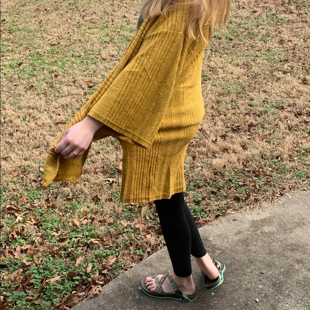 Umgee Mustard Yellow Fleece Long Sleeve Sweater Cardigan Pockets pumpkin patch